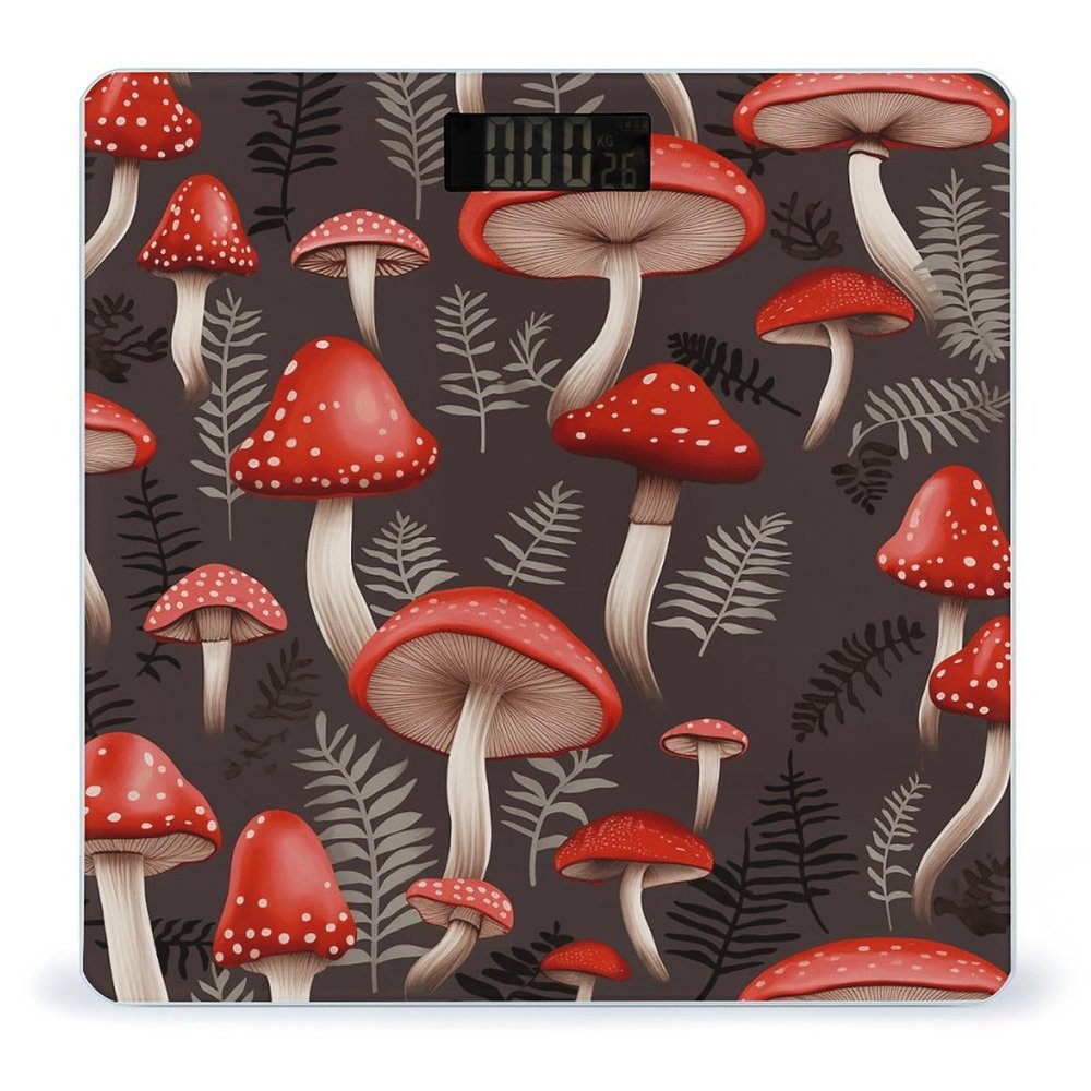 Red Mushrooms Scale for Body Weight Anti-Slip Tempered Glass Digital Bathroom Scales Clear LCD Display Weighing Scale Safe Rounded Corners Smart Scales