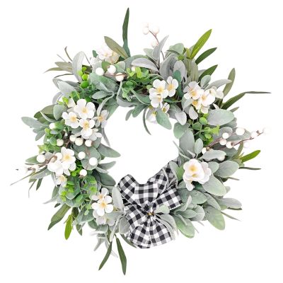 boxoon 48 Cm / 18.8 In Spring Wreath, Faux Daisies And Lamb'S Ear, Buffalo Plaid Bow, Decorative Floral Wreath For Front Door, Farmhouse Indoor Outdoor Seasonal Decor