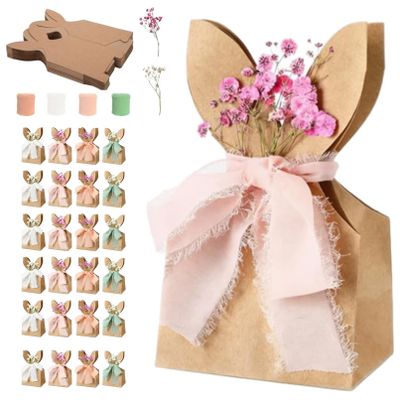 12/24 Set Easter Bunny Kraft Gift Bags, Cute Bunny Easter Bags for goodies, DIY Bunnys Gift Boxes with Ribbon & Flower (24 PCS)