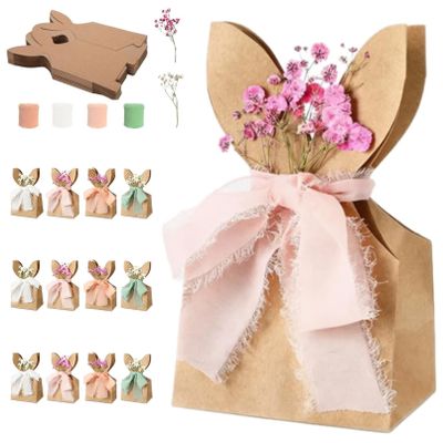 12/24 Set Easter Bunny Kraft Gift Bags, Cute Bunny Easter Bags for goodies, DIY Bunnys Gift Boxes with Ribbon & Flower (12 PCS)