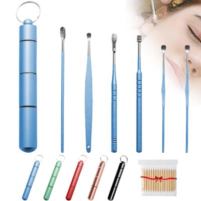 2026 Upgraded Stainless Steel Earwax Removal Kit, 6pcs Ear Cleaning Tools, 360 Premium Spiral Ear Pick Set with Portable Case, Multipurpose Limpiador De Odos for Safe Home Travel Use (Blue)