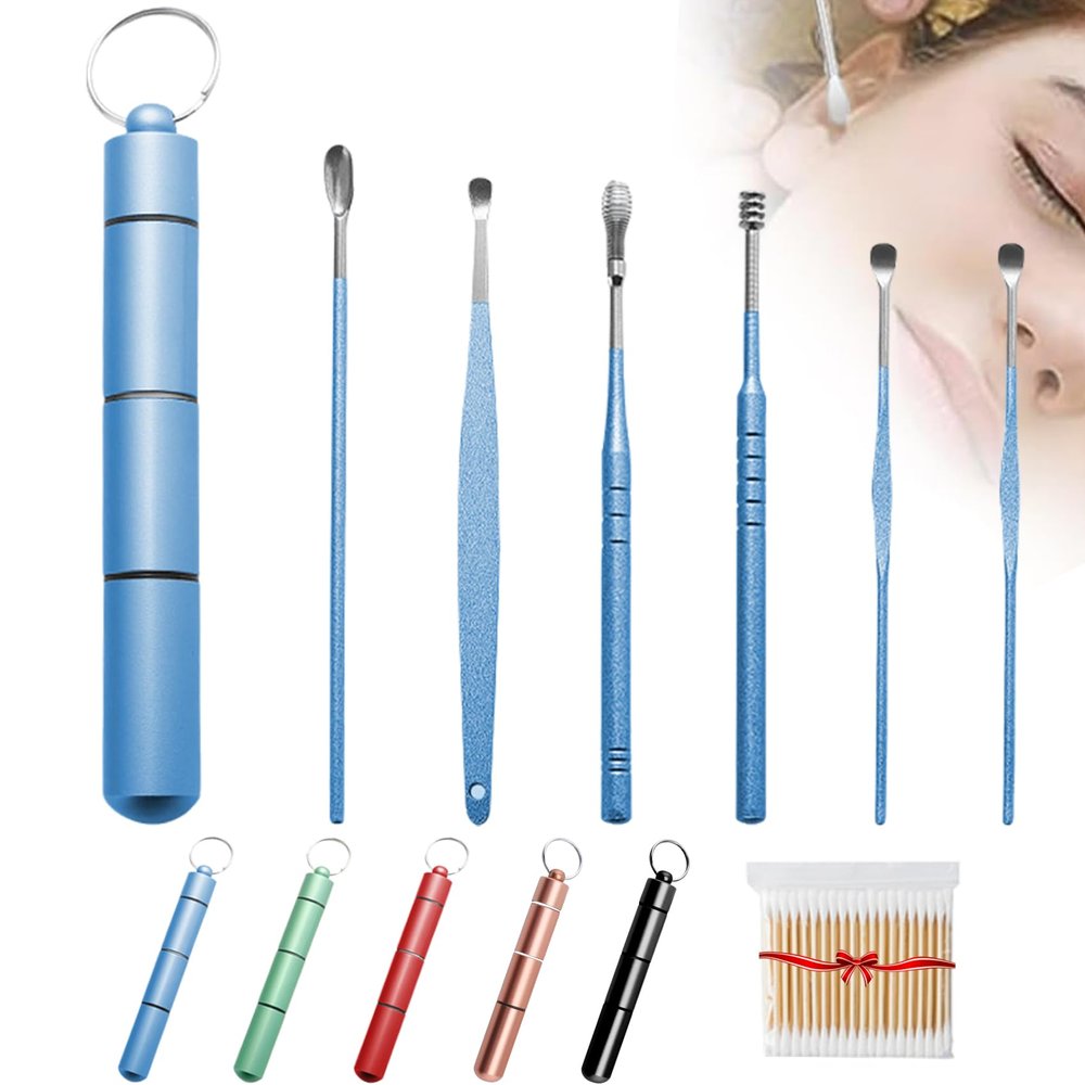 2026 Upgraded Stainless Steel Earwax Removal Kit, 6pcs Ear Cleaning Tools, 360 Premium Spiral Ear Pick Set with Portable Case, Multipurpose Limpiador De Odos for Safe Home Travel Use (Blue)