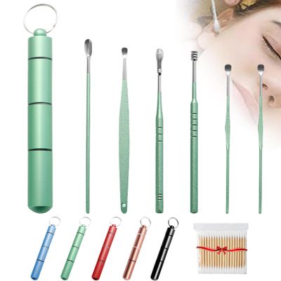2026 Upgraded Stainless Steel Earwax Removal Kit, 6pcs Ear Cleaning Tools, 360 Premium Spiral Ear Pick Set with Portable Case, Multipurpose Limpiador De Odos for Safe Home Travel Use (Green)