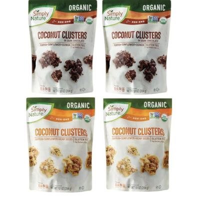 4-PACK ADDICTIVE, DELICIOUS, AND NUTRITIOUS Simply Nature Keto Coconut Clusters 4-Pack Snack Mix 2 Original + 2 Dark Chocolate Low Carb, Gluten-Free, Healthy Crunchy Snack, Plant-Based, Addictive & Delicious, No Added Sugar