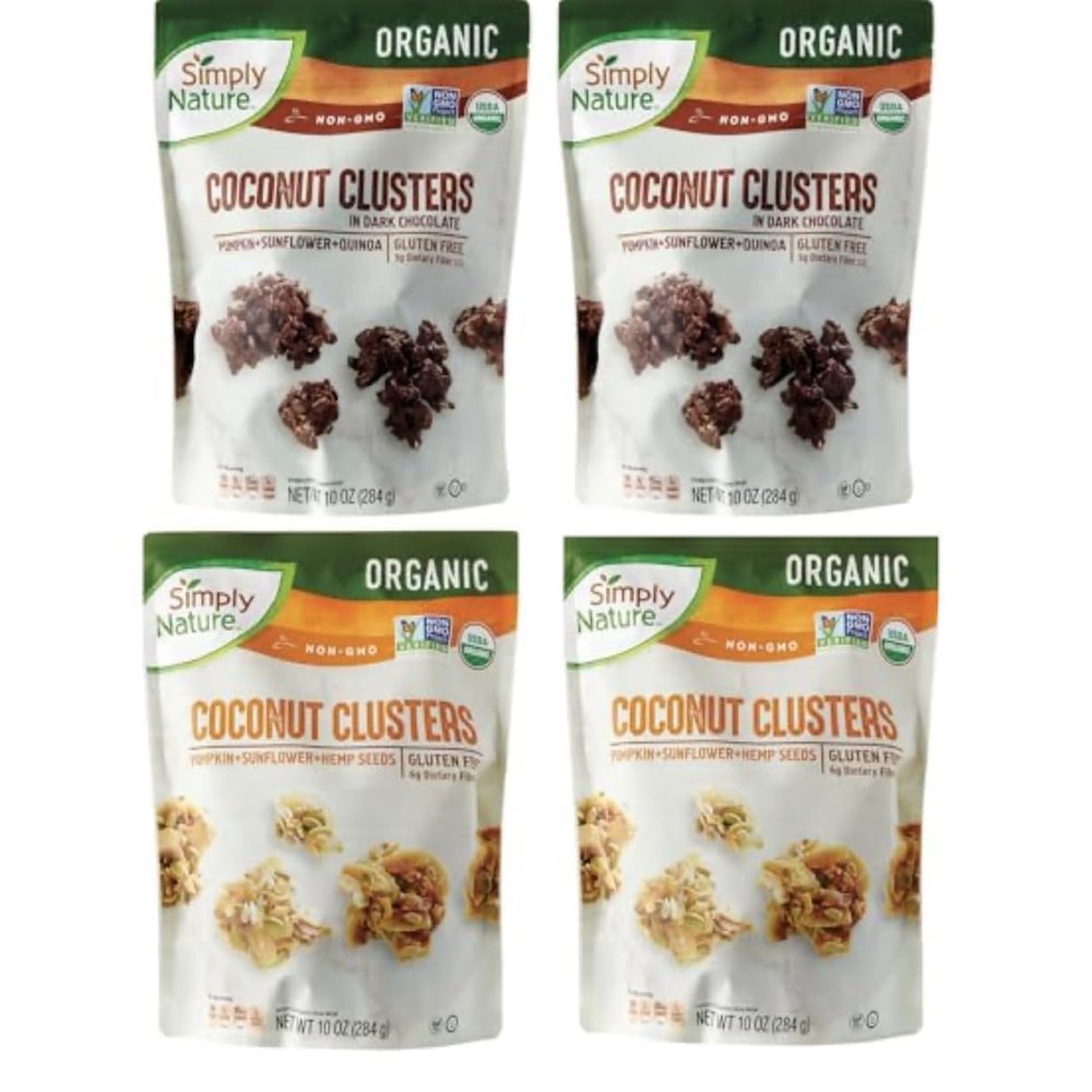 4-PACK ADDICTIVE, DELICIOUS, AND NUTRITIOUS Simply Nature Keto Coconut Clusters 4-Pack Snack Mix 2 Original + 2 Dark Chocolate Low Carb, Gluten-Free, Healthy Crunchy Snack, Plant-Based, Addictive & Delicious, No Added Sugar