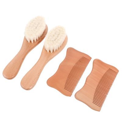 Gogogmee Woolen Brush and Beechwood Comb Set for Infants, 4pcs Scalp Grooming Kit with Soft Natural Bristles, Gentle Hair Care for Newborns and Babies