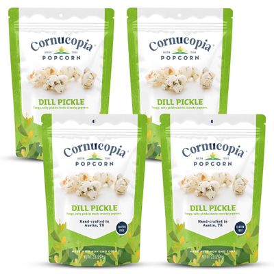 Cornucopia Popcorn Dill Pickle 4 Pack Gourmet Artisan Popcorn from Austin Tangy Bold Dill and Garlic Flavor for Movie Nights Parties and Gifts Gluten Free Crunchy Savory Snack, 4 Bags 2.8 oz each