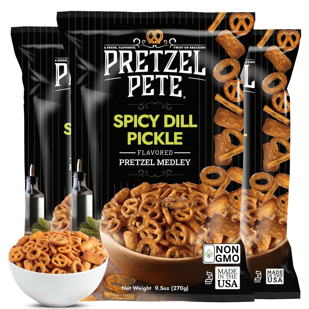 Pretzel Pete Spicy Dill Pickle Flavored Pretzel Medley, Non-GMO Ingredients, Small Batch, Bold Flavor, 9.5oz (Pack of 3)