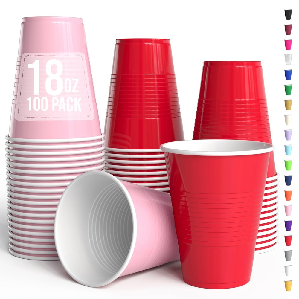 Party Solids 18 Oz Valentine Plastic Cups For Party Supplies 100 Pack | Pink and Red Disposable Cups | Disposable Drinkware For Parties, Events & Everyday