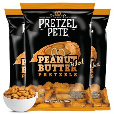 Pretzel Pete Peanut Butter Filled Pretzel Nuggets, Non-GMO Ingredients, Small Batch, 9.5oz (3 Pack)