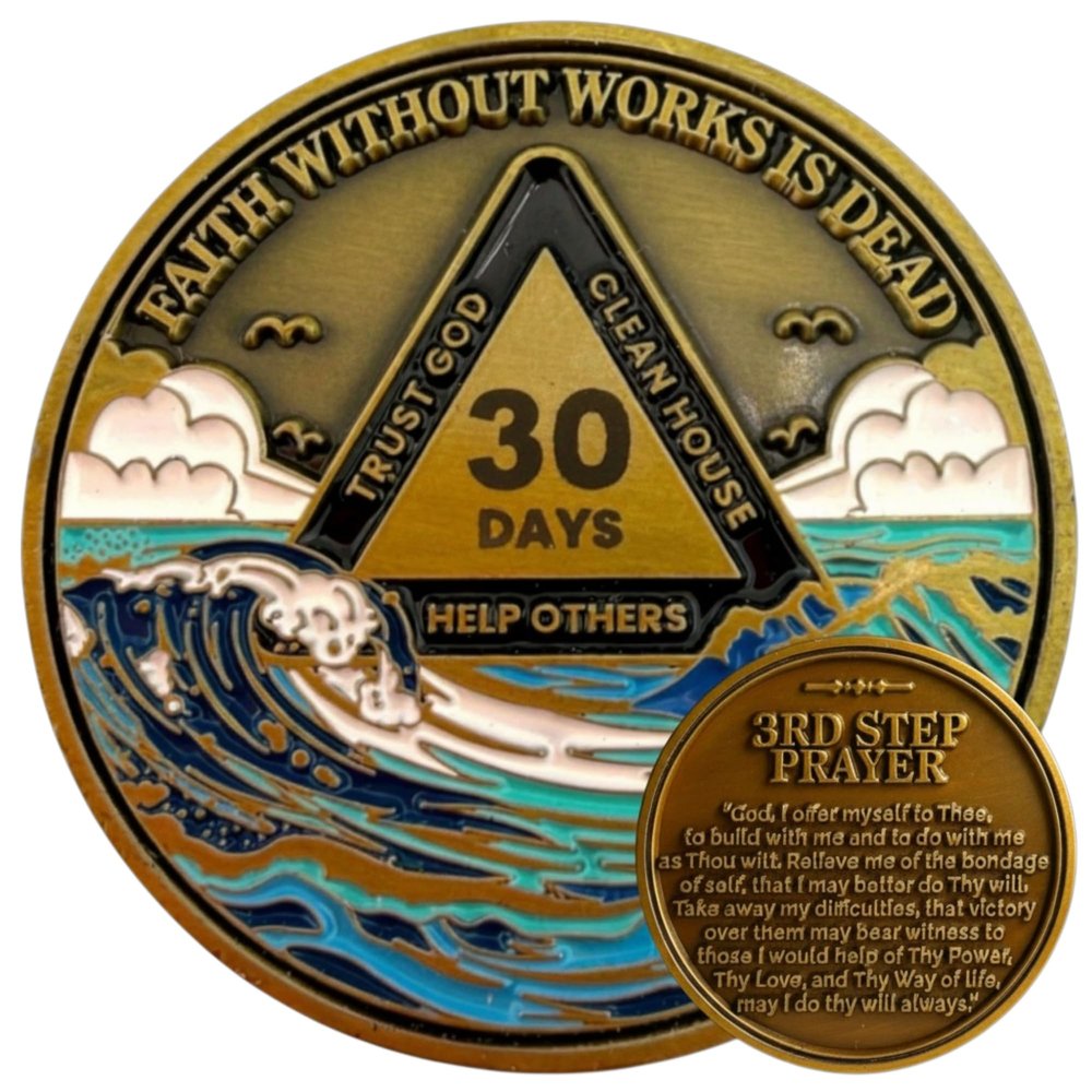 30 Day Waves Sobriety Coin - Third Step Prayer AA Medallion, Premium Recovery Token for One Month Sober, Sponsor & Sponsee Gifts, 30 Days Sober Milestone Chip for Women and Men