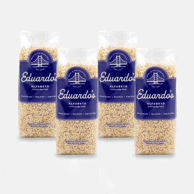 Eduardo's Pasta Co. Alfabeto Pasta, Bronze-Drawn Pastina Alphabet Noodles, Kids Soup Pasta, Ambient Temperature Slow Dried Artisan Egg Pasta San Francisco Since 1977, 12oz (Eduardos Pasta Co. Egg Alfabeto Alphabet Pasta, 12 Oz - 4 Pack