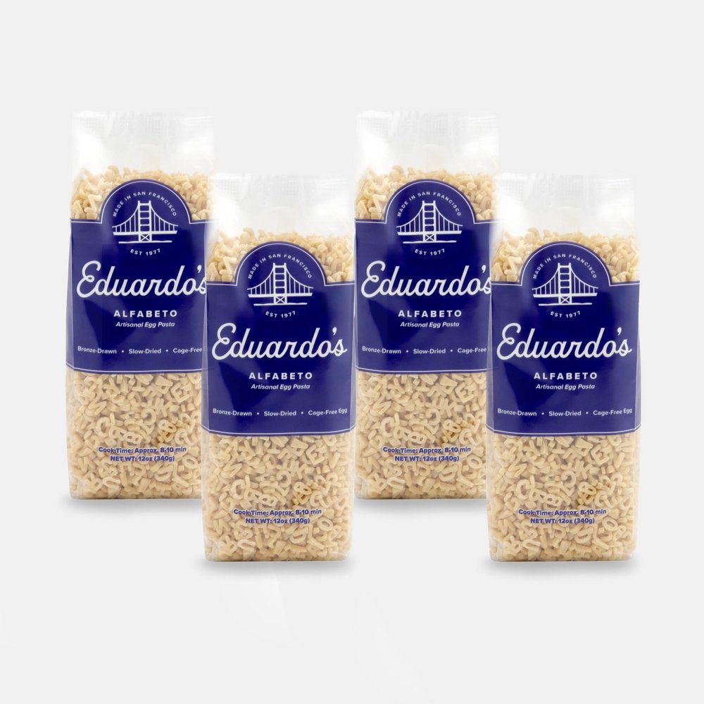 Eduardo's Pasta Co. Alfabeto Pasta, Bronze-Drawn Pastina Alphabet Noodles, Kids Soup Pasta, Ambient Temperature Slow Dried Artisan Egg Pasta San Francisco Since 1977, 12oz (Eduardos Pasta Co. Egg Alfabeto Alphabet Pasta, 12 Oz - 4 Pack