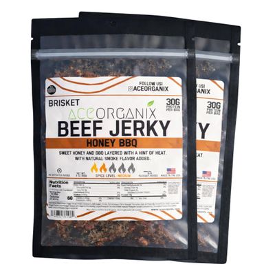 Ace Organix Brisket Beef Jerky Honey BBQ Smoky BBQ with Honey Sweetness Premium High Protein Snack Clean Ingredients, No Added Nitrates Made in USA (2 Pack)