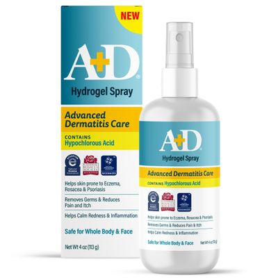 A+D Advanced Dermatitis Care Hydrogel Spray with Hypochlorous Acid 4 oz. Cooling Antimicrobial Spray for Eczema, Psoriasis & Rosacea-Prone Skin, Reduces Itch, Redness & Inflammation