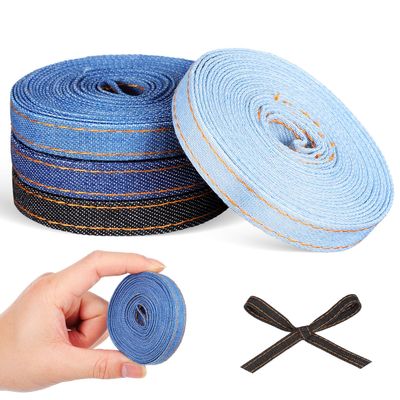 FRCOLOR 10mm Denim Ribbon for Crafts 4 Rolls (3 Meters Each, 4 Colors) Gradient Bow Making Ribbon for DIY Sewing, Wrapping, Clothing Decoration