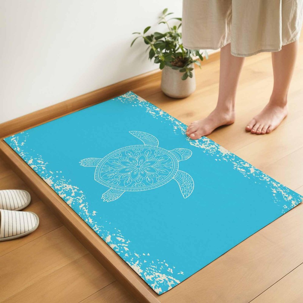 Indoor Doormat Front Door Mats, Bohemian Flowers Marine Life Absorbent Welcome Mat Non Slip Doormats for Entryway, Sea Turtle on Blue Background Washable Inside Floor Bath Rug 18x30 inches