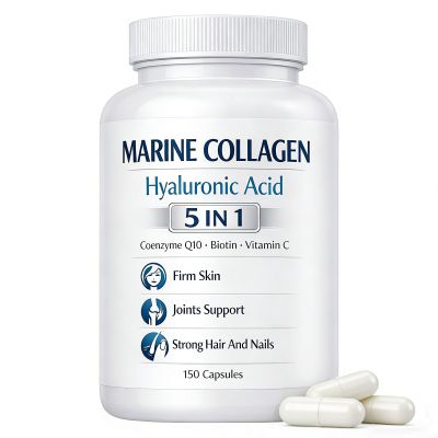Roreiye Colgeno Marino + cido hialurnico, 5 in 1 Premium Formula, 150 Capsules, for Skin Hair Nails Health, Hydrolyzed Collagen Type I with CoQ10 Biotin Vitamin C