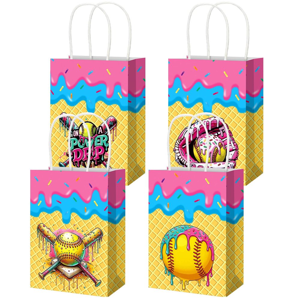 Gilprop 24 Pcs Softball Ice Cream Drip Gifts Bags Bulk with Handles Double Sided Designs Treat Candy Goodie Bags Gift Wrapping for Softball Baseball Theme Party Supplies Sport Camping Team Favor