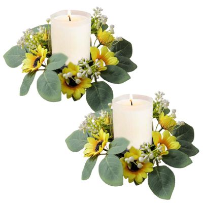 2Pcs 10 Inch Yellow Sunflower Candle Rings with Green Leaves & White Berry, Artificial Realistic Silk & PE, Dining Table Decor, Candle Wreath