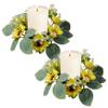 2Pcs 10 Inch Yellow Sunflower Candle Rings with Green Leaves & White Berry, Artificial Realistic Silk & PE, Dining Table Decor, Candle Wreath view 1
