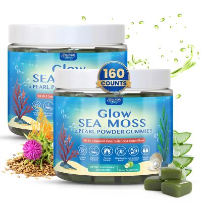 2 Pack Sea Moss Glow Gummies Hair Loss Skin & Nails with Irish Seamoss Pearl Powder Vitamin C E Milk Thistle Taurine Aloe Vera FOS Superfood for Immune Intestinal Thyroid Detox Adults& Kids 160 Count