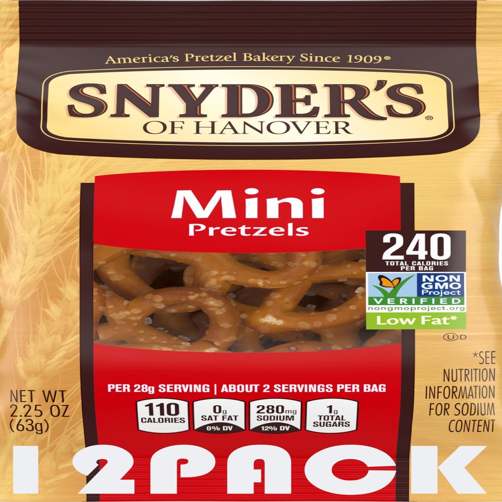 Snyder's of Hanover Mini Pretzels Snack Packs, Low Fat Non-GMO Pretzel Snacks, 2.25 oz Individual Bags (Pack of 12) School Lunch, Office & Travel Snacks Bundled by SUPERDEALS Mystery Gift