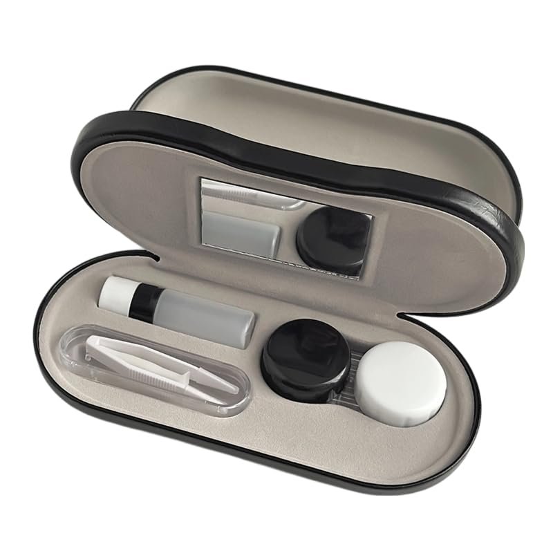 2 in 1 Contact Lens and Glasses Case Double Sided Portable Eyeglasses Case with Built-in Mirror Tweezer Remover and Contact Lens Solution Bottle Storage Kit.