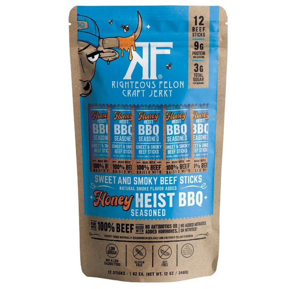 (12 Sticks) Beef Jerky Sticks - Honey Heist BBQ Flavor, 1 Oz - Made with Pasture-Raised Beef, Keto Friendly, High Protein Meat Snacks.