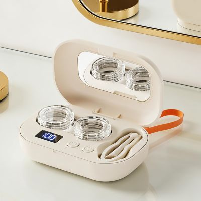 Ultrasonic Contact Lens Cleaner, Rechargeable Portable Cute Contact Lens Case, with Digital Display and Mirror, Ultrasonic Small Daily Supplies for Soft & Hard Lenses