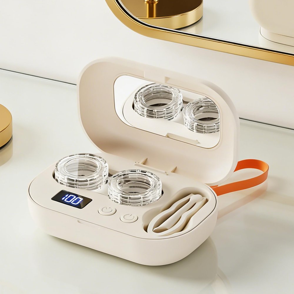 Ultrasonic Contact Lens Cleaner, Rechargeable Portable Cute Contact Lens Case, with Digital Display and Mirror, Ultrasonic Small Daily Supplies for Soft & Hard Lenses