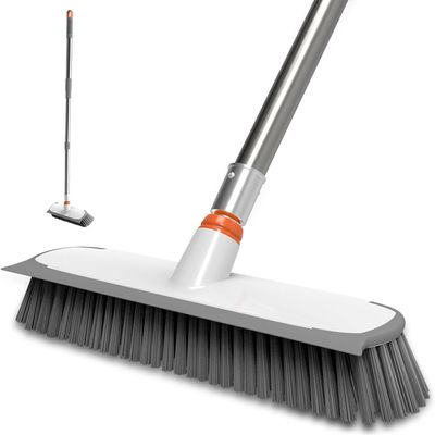 ITTAR Floor Scrub Brush with Long Handle, 12" Wide 2-in-1 Deck Brush and Squeegee with 55" Stainless Steel Pole, Heavy-Duty Stiff Bristles for Shower, Tile, Garage, Patio & Kitchen-Orange