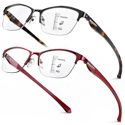 SKYOAK 2 Pack Stylish Progressive Reading Glasses for Women, Metal Half Frame Fashion Anti UV400/Eye Strain Computer Readers, Cat Eye Modern Design Ladies No-Line Multifocal Eyeglasses, +2.25
