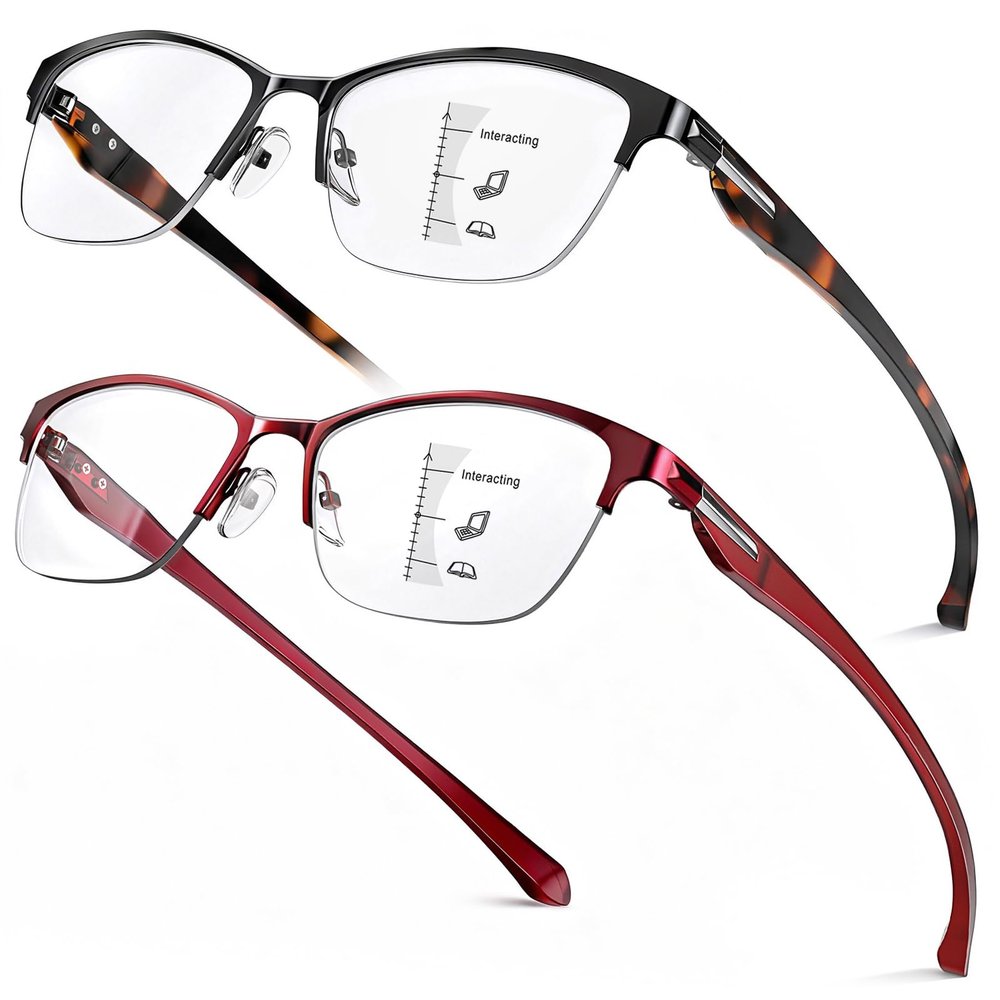 SKYOAK 2 Pack Stylish Progressive Reading Glasses for Women, Metal Half Frame Fashion Anti UV400/Eye Strain Computer Readers, Cat Eye Modern Design Ladies No-Line Multifocal Eyeglasses, +2.25
