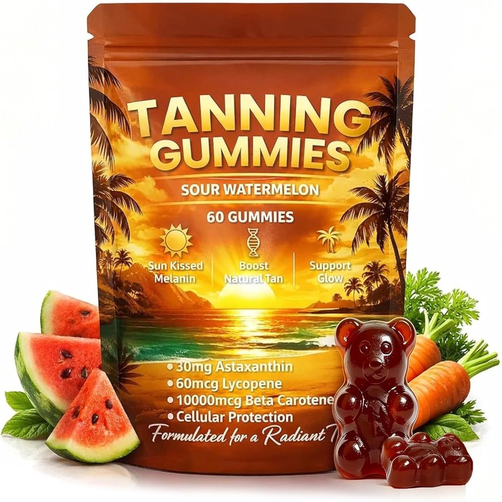 Tanning Gummies, Daily Tanning Gummies with Astaxanthin, Beta-Carotene, Lycopene & Vitamins, Self Tanning for Natural Looking Glow, Bronzing, Vegan & Sugar Free - 60 Count (1)