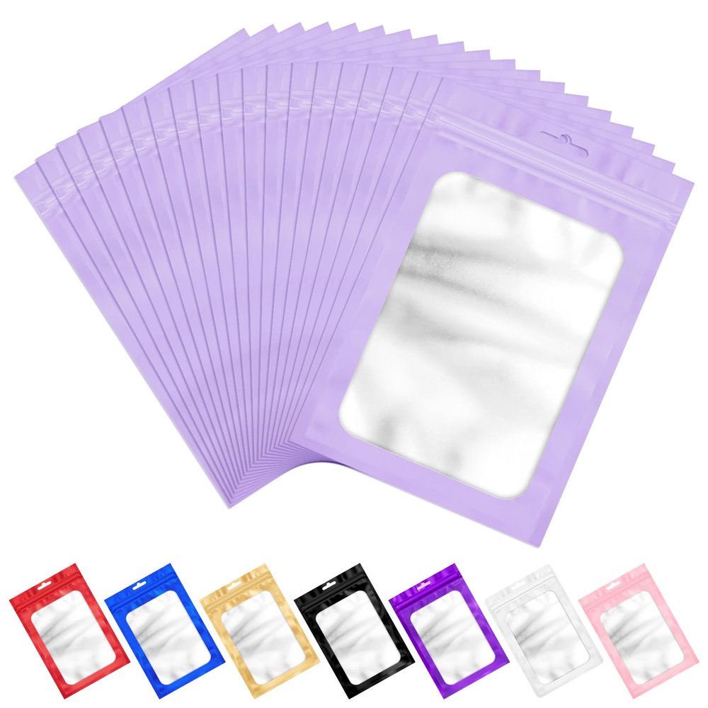 ANZNKU 100 Pcs Lavender Mylar Bags, Resealable Smell Proof Bag Foil Pouch