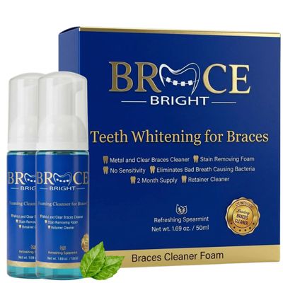Teeth Whitening for Braces, Braces Cleaner Foam, Brace Teeth Whitening kit for Under Metal, Ceramic, Brackets & Wires. Use w/Toothbrush or Trays No Sensitivity. Minty, Teens, Adults, Refill 2 Pack