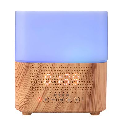 YHOMU 300Ml Essential Oil Diffuser with Speaker, Wood Grain Alarm Clock, Night Light, for Bedroom Living Room