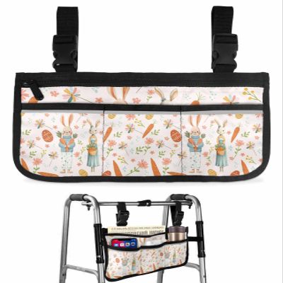 Pink Spring Easter Wheelchair Bag with Cup Holder Bag with Reflective Stripes for Seniors Electric Wheel Chair Accessories Bunny Carrots Eggs Floral Botanical Wheelchair Side Bags for Rollator