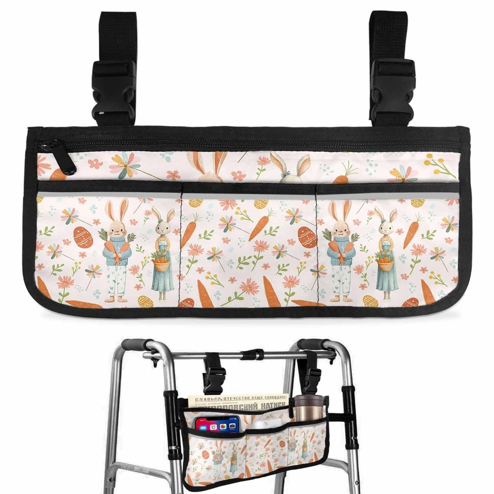 Pink Spring Easter Wheelchair Bag with Cup Holder Bag with Reflective Stripes for Seniors Electric Wheel Chair Accessories Bunny Carrots Eggs Floral Botanical Wheelchair Side Bags for Rollator