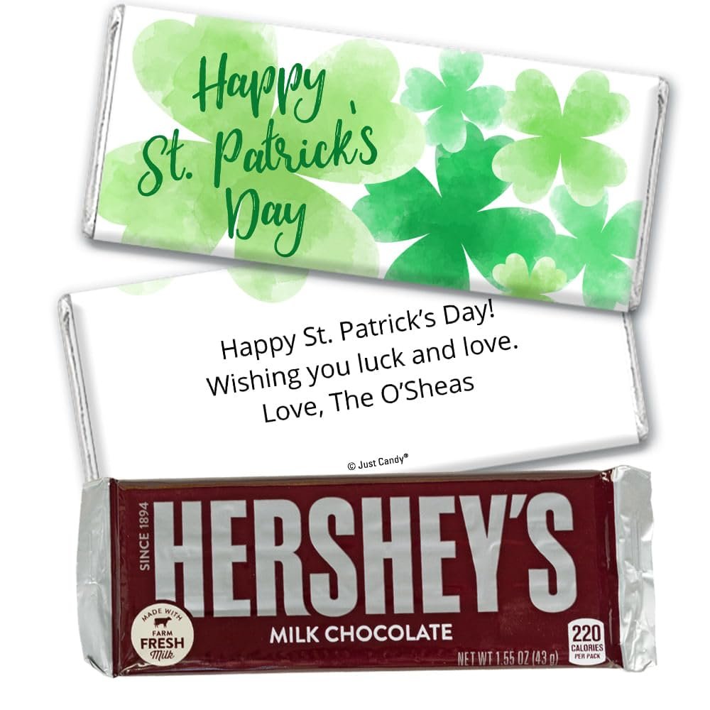 12ct St. Patrick's Day Personalized Hershey's Milk Chocolate Bar & Wrapper for Party Favors, Custom Giveaways, Event Gifting, Dessert Tables & More - Watercolor Clovers
