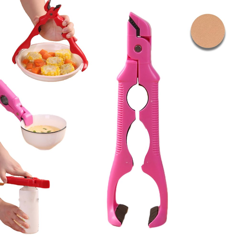 3-in-1 Hot Dish Gripper Plate Lifter, Multi-angle Anti-Scald Non-slip Bowl Holder Clip, Hot Plate Grabber Tool with Lock, Built-In Can Opener for Microwave, Steamer & Oven (Purple)