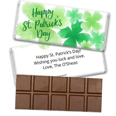 252ct St. Patrick's Day Personalized Belgian Milk Chocolate Bar & Wrapper for Party Favors, Custom Giveaways, Event Gifting, Dessert Tables & More - Watercolor Clovers