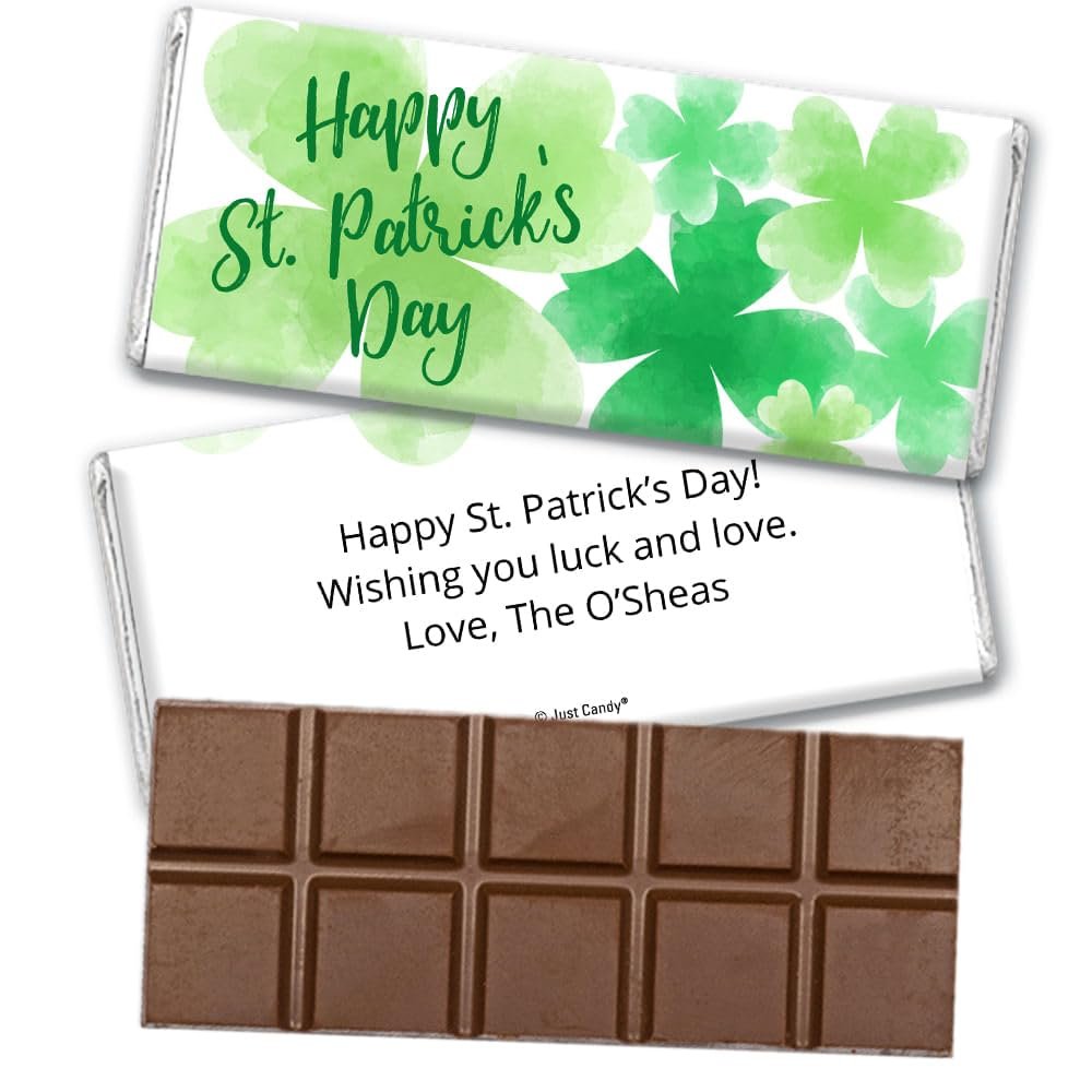 252ct St. Patrick's Day Personalized Belgian Milk Chocolate Bar & Wrapper for Party Favors, Custom Giveaways, Event Gifting, Dessert Tables & More - Watercolor Clovers
