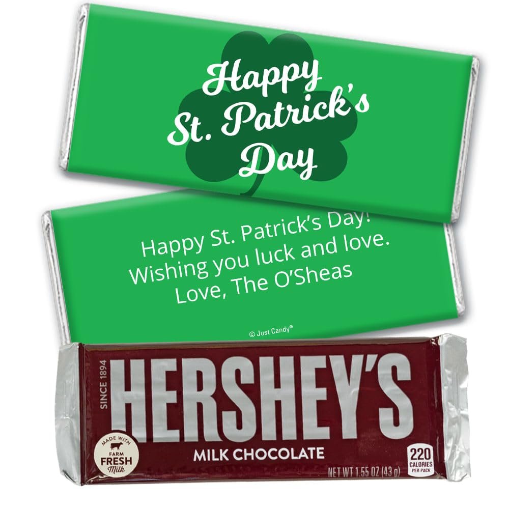24ct St. Patrick's Day Personalized Hershey's Milk Chocolate Bar & Wrapper for Party Favors, Custom Giveaways, Event Gifting, Dessert Tables & More - St. Patrick's Day Clover