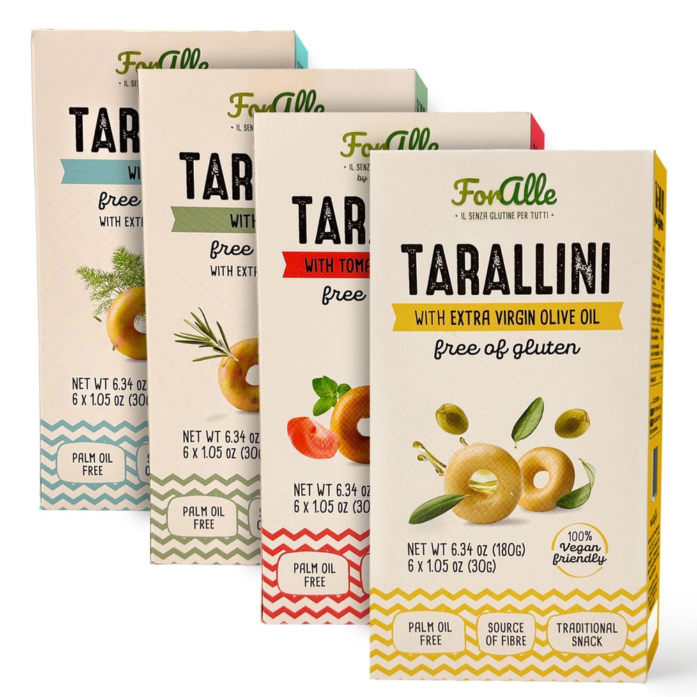 For Alle Gluten-Free Tarallini Bundle, Set of 4 Traditional Italian Pugliese Snack with Extra Virgin Olive Oil, Fennel, Rosemary, Tomato and Oregano. Oven-Baked. Vegan. Cholesterol-Free.