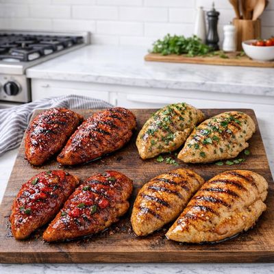 The Rancher's Butcher Marinated Chicken Breast Variety Pack, 8 Count, Raspberry Jalapeo, Nashville Hot, Cilantro Lime, Hickory Honey, Boneless Skinless, 6 oz Each - High Protein, Convenient, Frozen Meal Solution