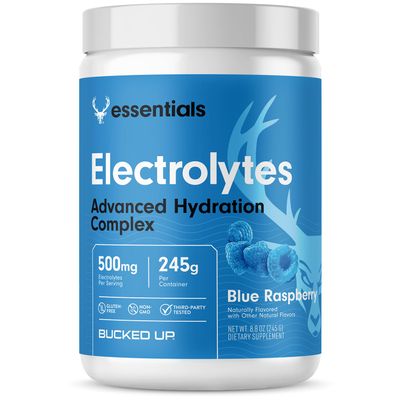 Bucked Up Essentials Electrolytes Blue Raspberry | Advanced Hydration Complex with 500 mg Electrolytes Per Serving | Gluten Free Non GMO Third Party Tested Drink Mix | 230g (50 Servings)