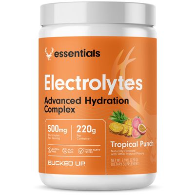 Bucked Up Essentials Electrolytes Tropical Punch | Advanced Hydration Complex with 500 mg Electrolytes Per Serving | Gluten Free Non GMO Third Party Tested Drink Mix | 230g (50 Servings)