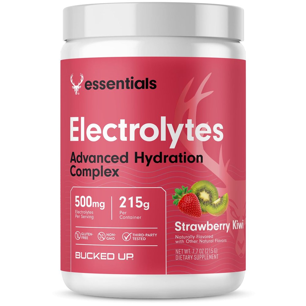 Bucked Up Essentials Electrolytes Strawberry Kiwi | Advanced Hydration Complex with 500 mg Electrolytes Per Serving | Gluten Free Non GMO Third Party Tested Drink Mix | 230g (50 Servings)